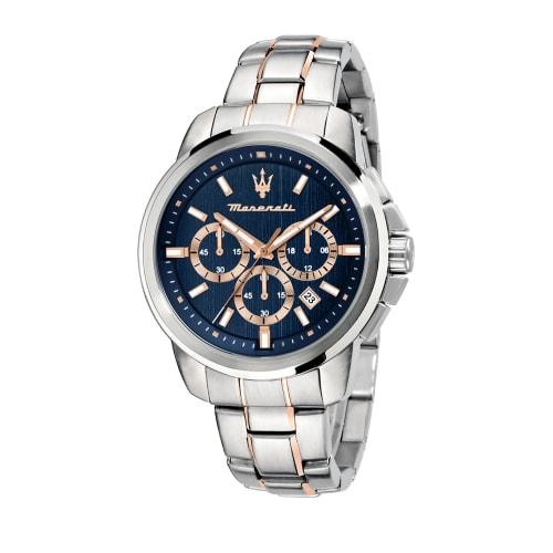 Maserati Men's Successo Series Chronograph Quartz Watch with Calendar, Silver and Blue Display, 50m Water Resistance, 44mm Analog Business Watch, Mode