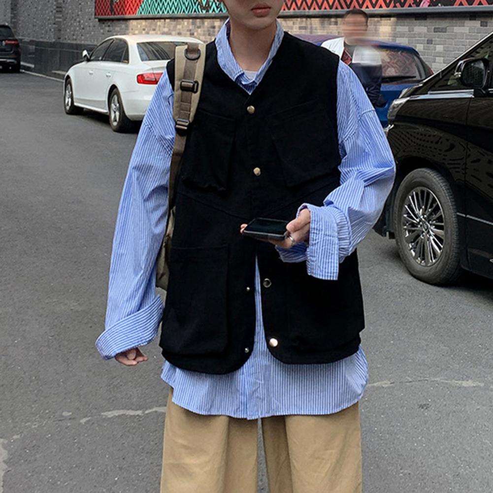 Men Cargo Waistcoat Sleeveless Single Breasted Multi Pockets Design One Tone Athletic Vest Outdoor Use Street Wear
