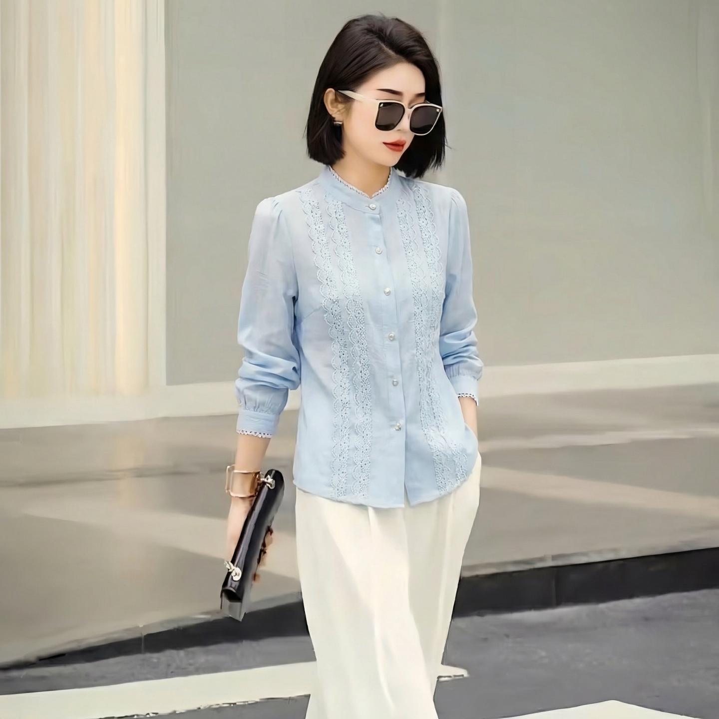 

Lace Patchwork Elegant Long-Sleeve Women s Shirt - Versatile Stand Collar for Spring/Fall L (105-115 jin) світло-синій колір