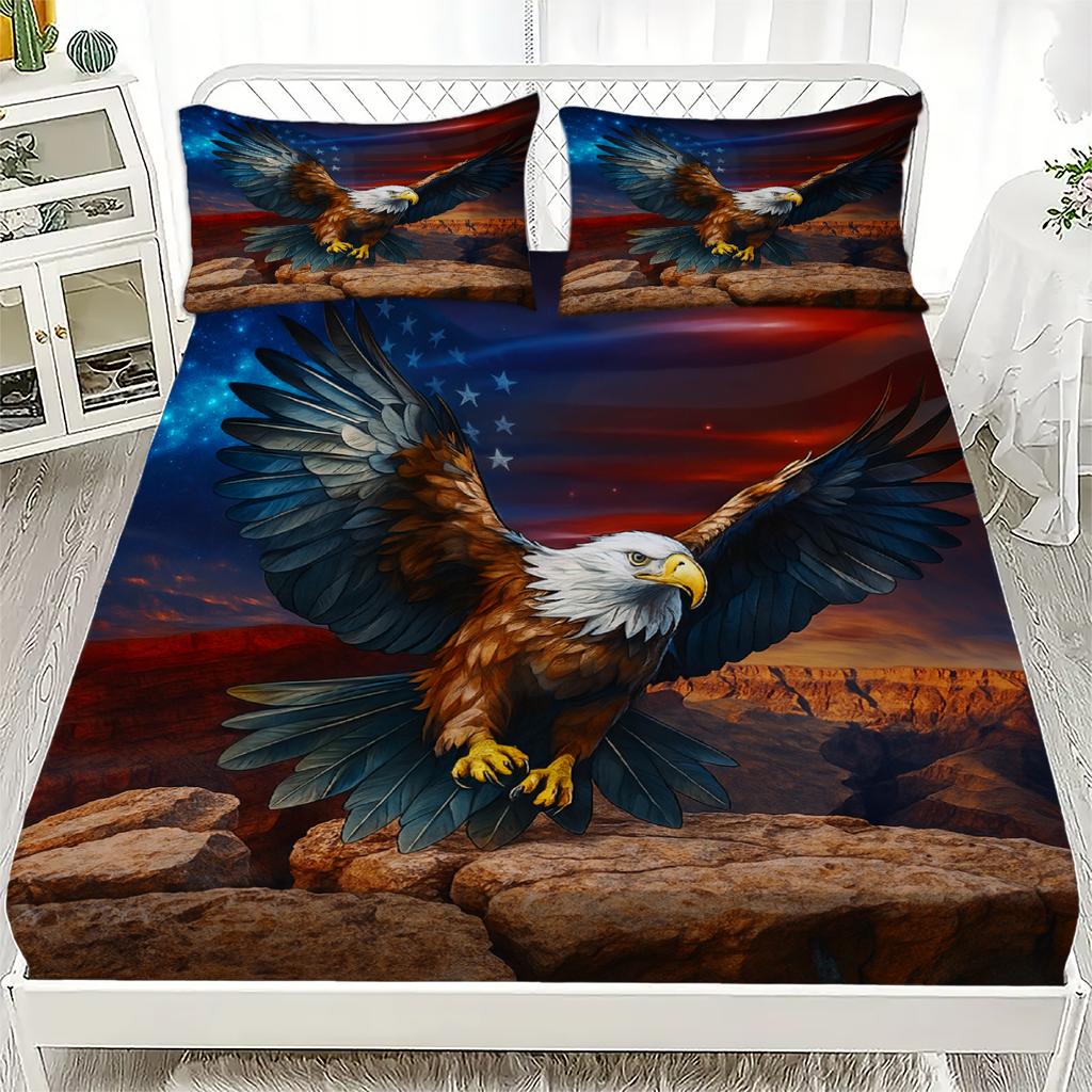 3pcs Fitted Sheet Set Animal Wolf Eagle Lion Dog Print 100% Polyester Breathable Bedding Set for Home Decor with 2 Pillowcases