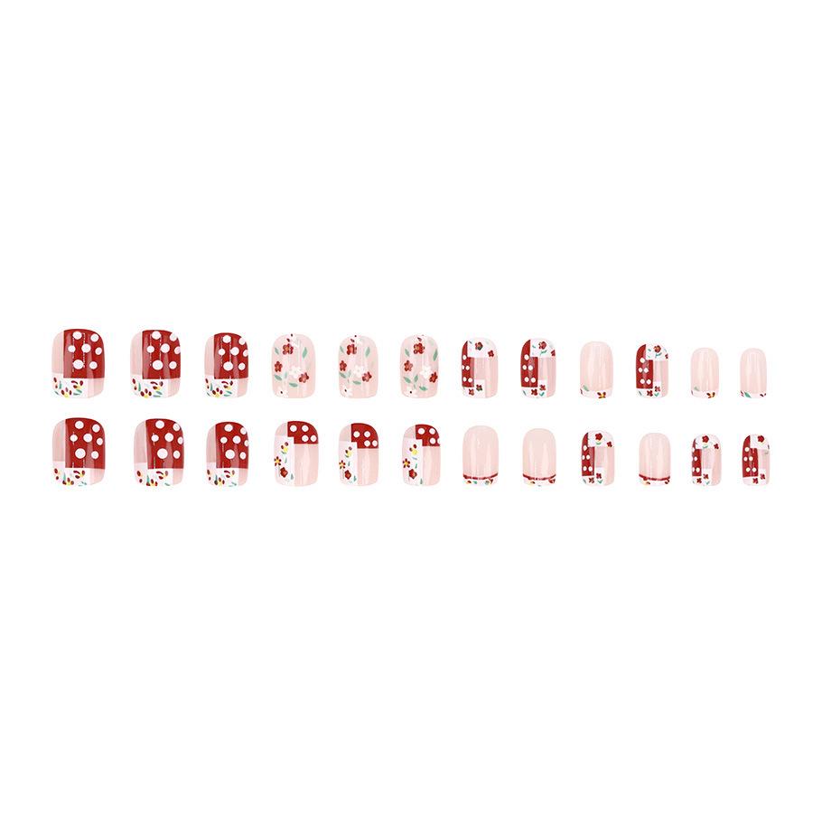 Französische Retro Blumen & Rote Polka Dots Aufhellende Nagelsticker – 24 Süße Nischenstücke