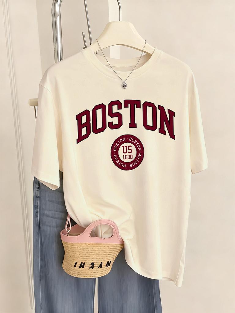 Boston City Us 1630 Letter Prints TShirts Womens Summer Basic T Shirts ONeck Soft Short Sleeve Tops Casual Loose Woman Clothes
