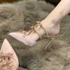 Fashion Summer Baotou Slippers Women's Fashion Pointy Shallow Cut Hollow-out Sequin Butterfly Knot Foot Non-slip Heels