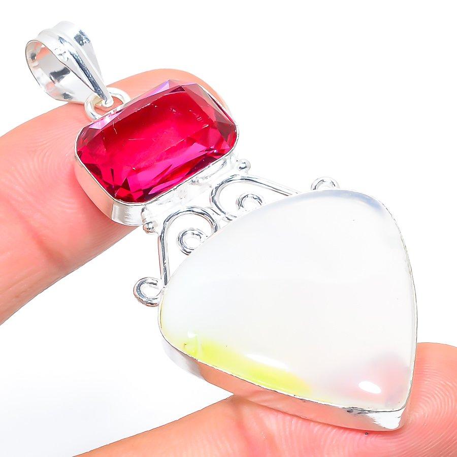 

Подвеска из стерлингового серебра 925 пробы с натуральным халцедоном и гранатом 2,68 дюйма A1g96