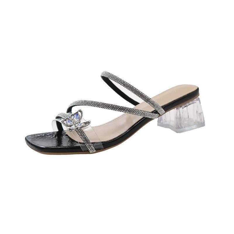 Neue Damen Sneaker Hausschuhe Damen Slides Mules Lässige Quadratische Mittlere Absätze Damenschuhe Kristall Strass Hausschuhe Übergröße