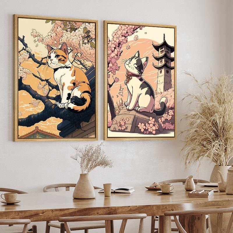 Japan Pop Art Cat Nature Cherry Blossom Landscape Canvas Poster Colorful Aesthetics Home Wall Cartoon Decor Bedroom Cafe Picture