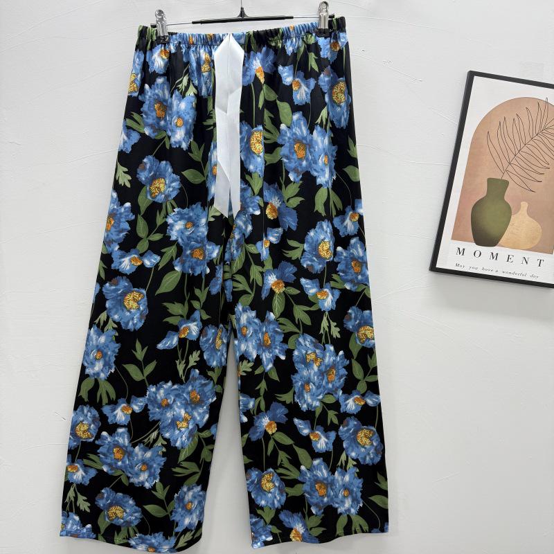 Damen-Blumen-Baumwoll-Seiden-Pyjama - Große Größen, Sommer, Leicht, Für draußen, Gerades Bein, Lockerer Schnitt