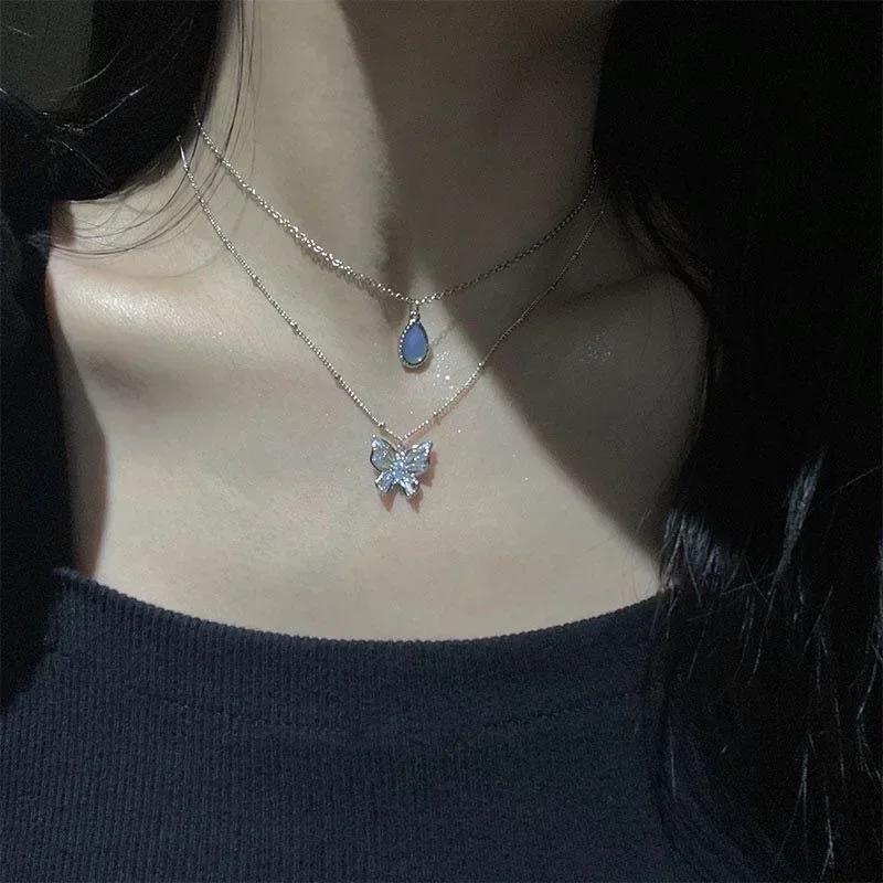 New Fashion Silver Color Double Layer Star Moon Necklace for Women Charm Delicate Zircon Stainless Steel Choker Chain Jewelry