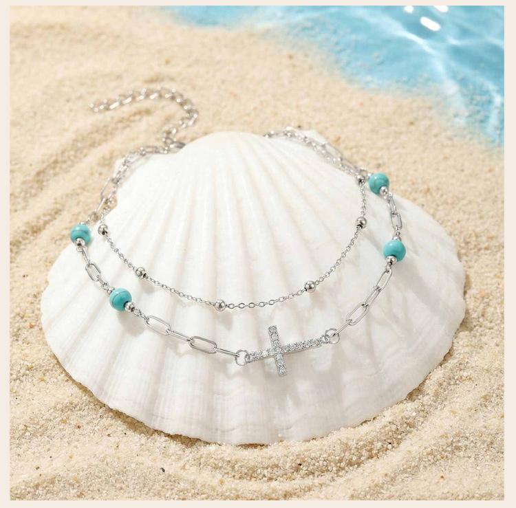 Türkisfarbener Knöchelkettchen, Doppellagige Fußkette mit Kreuz aus Edelstahl, Sommer Strand Schmuck für Damen Anlaufgeschützt Ästhetischer Schmuck
