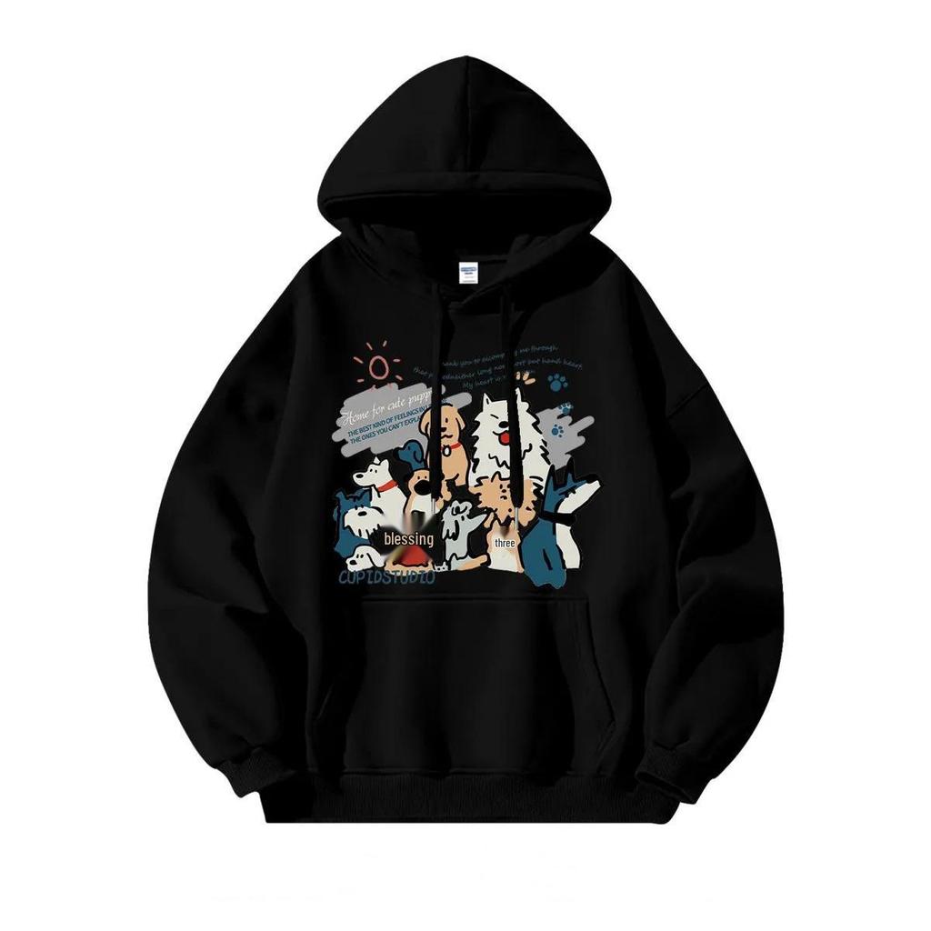 Silver Fox Velvet Korean Lazy Style Dog Print Hooded Sweatshirt - Women's Spring/Winter Jacket, Unisex Trendy Versatile Design.