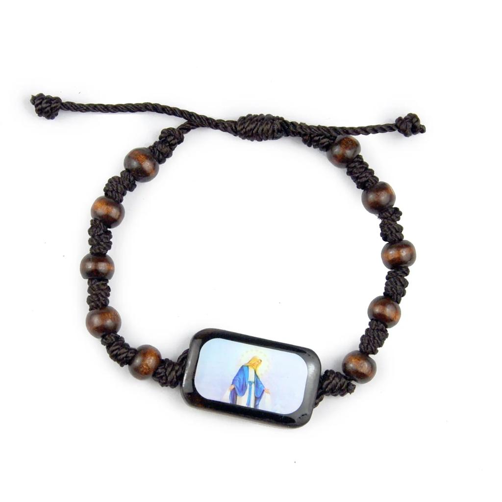 Religion Wood Rosary Bracelet For Men Square Colorful Jesus Virgin Mary Icons Charm Prayer Beads Chain Women Christian Jewelry