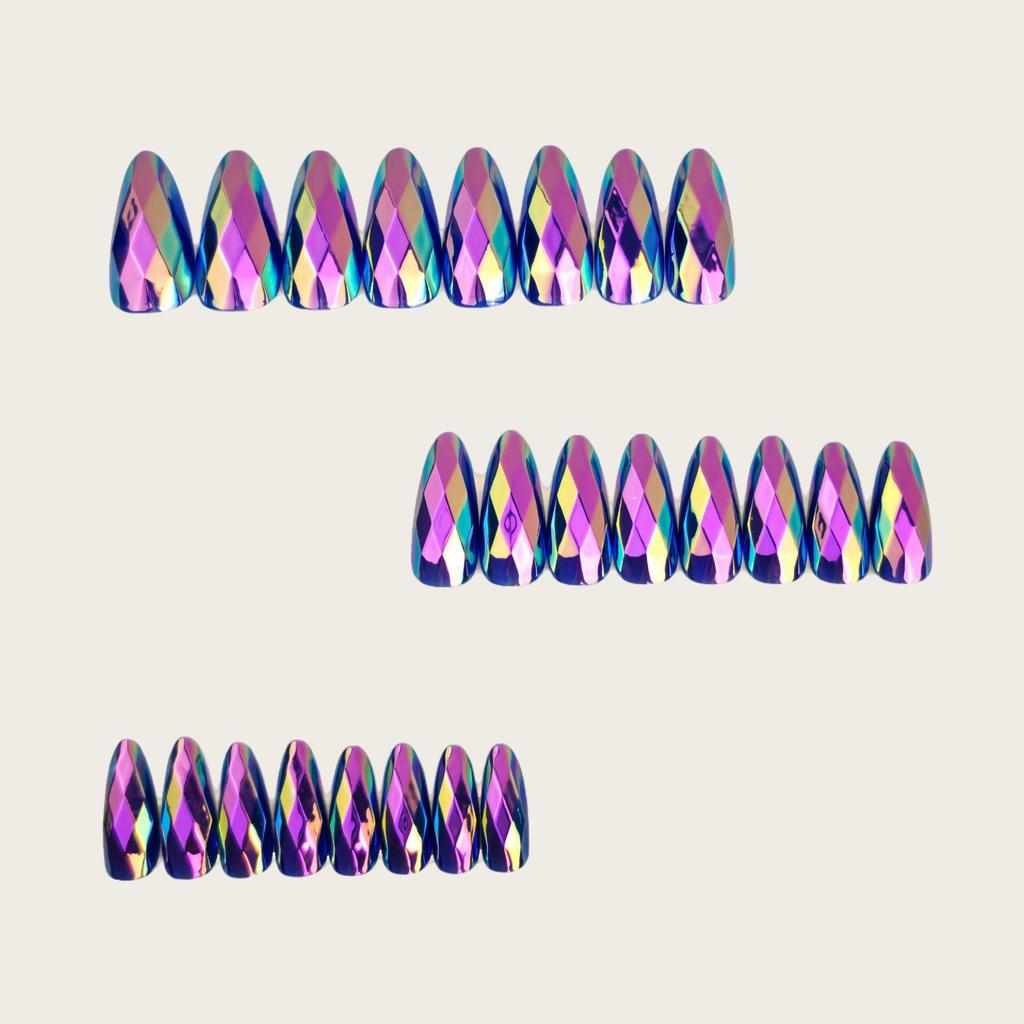 Purple Iridescent 3D Electroplated Rhombus Glossy Almond False Nails