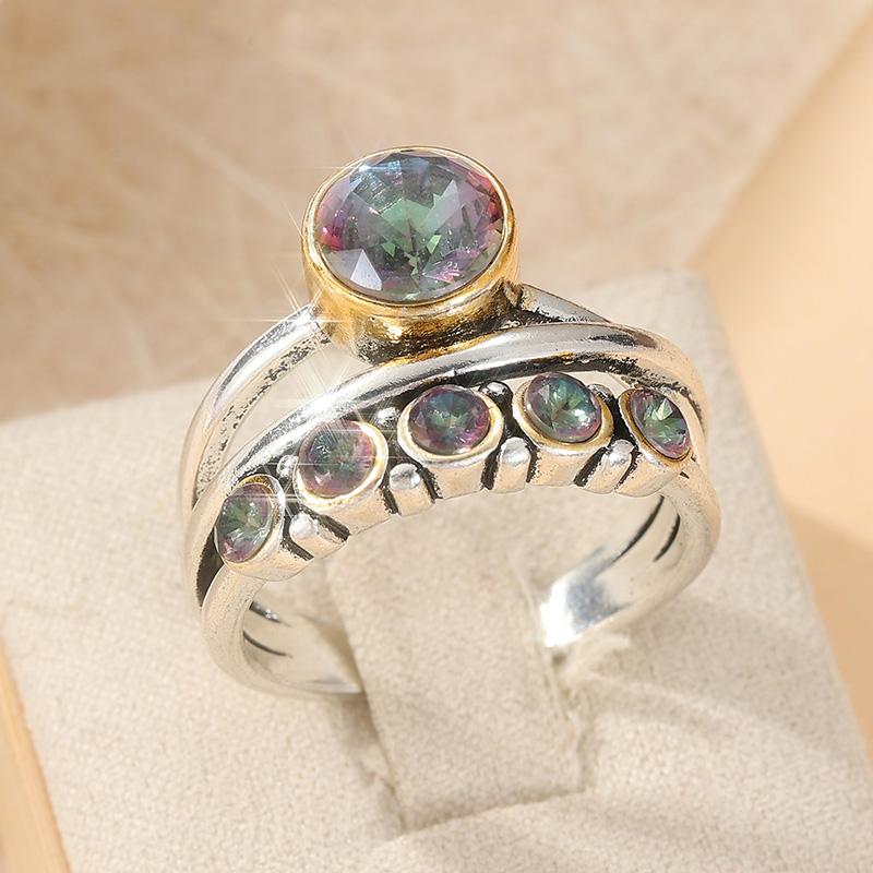 Vintage CopperColor Inlaid Multicolored CZ Surround Women's Ring Geometry Daily Wear Party Jewelry