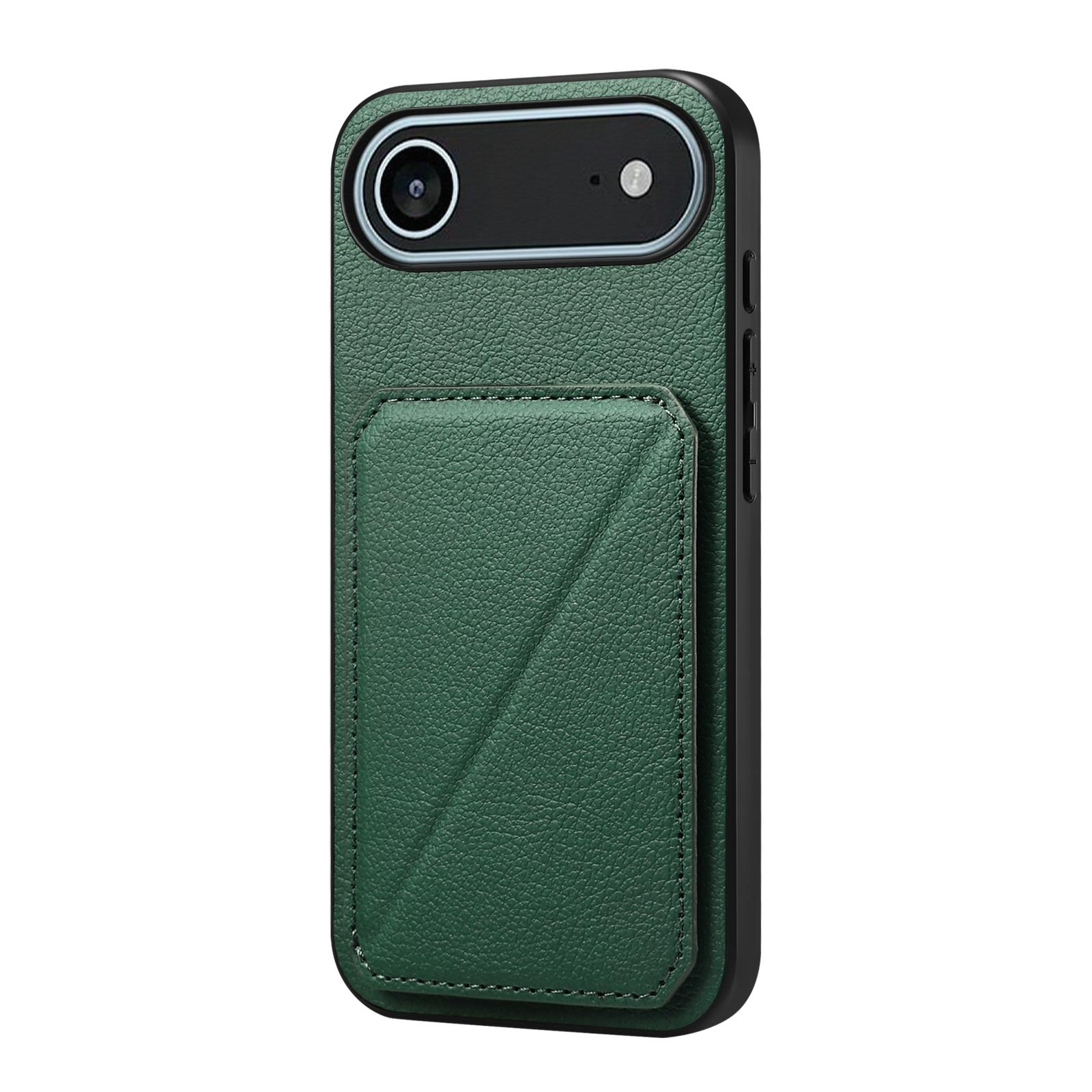 

For iPhone 17 Air Case Card Holder Kickstand Calf Textured Leather+PC+TPU Phone Cover Green
