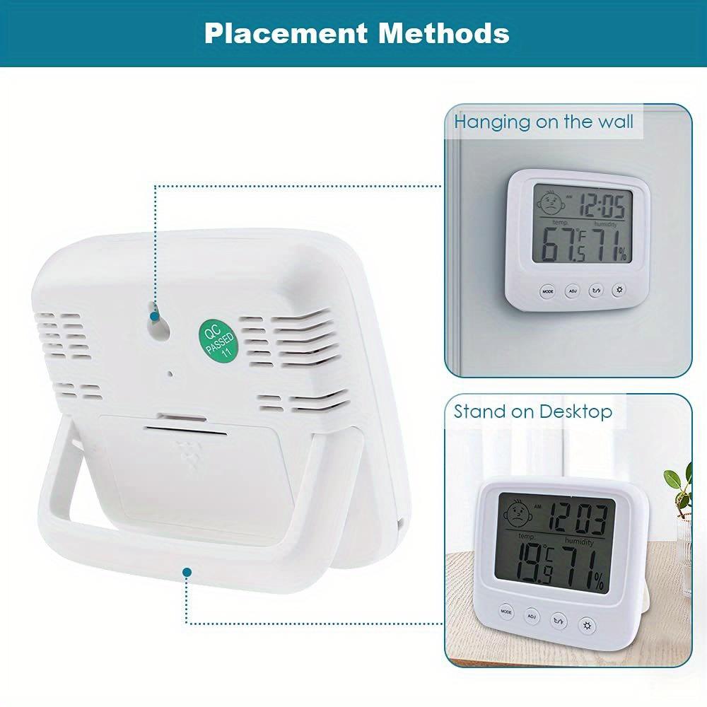 Indoor thermometer and hygrometer with clock, digital temperature and humidity monitor, backlit, Celsius/Fahrenheit display, battery powered.