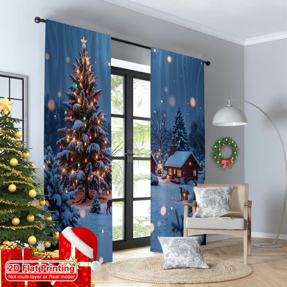 2pcs 2D flat printing Merry Christmas Popular Curtain Cozy Winter Village Christmas Scene Polyester Without Electricity Party