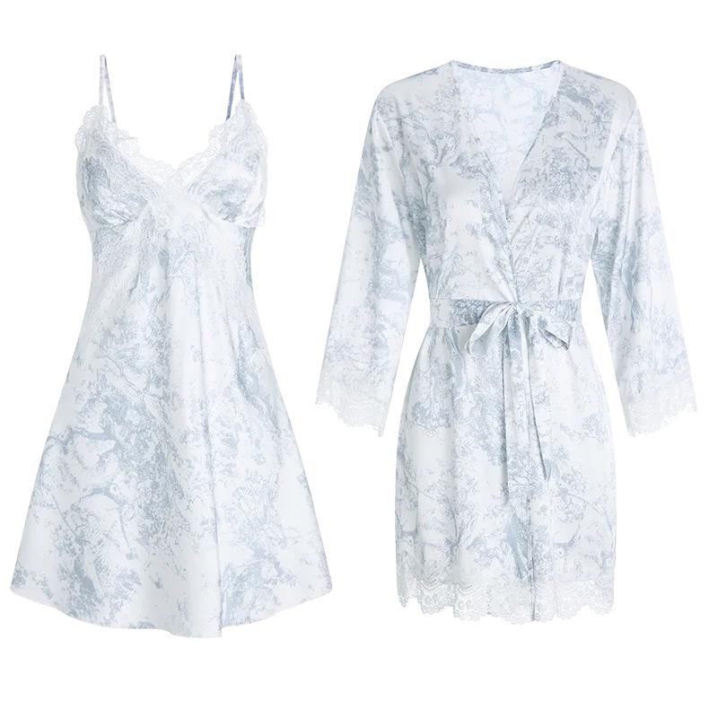 Sexy Women's Nightgown Smoke Gray Women's Nightgown with Breast Pad Lace Design Women's Robe Nightgown Set