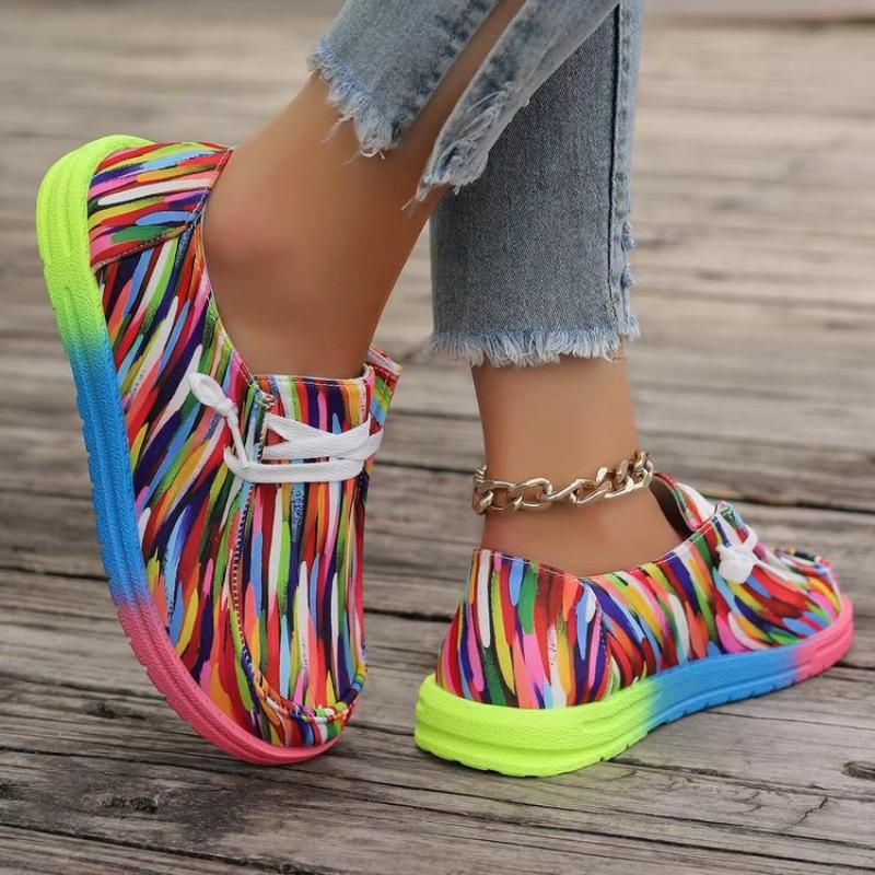 

Plus size wide lace-up colored low-top shoes Women s graffiti lazy canvas flat shoes 43