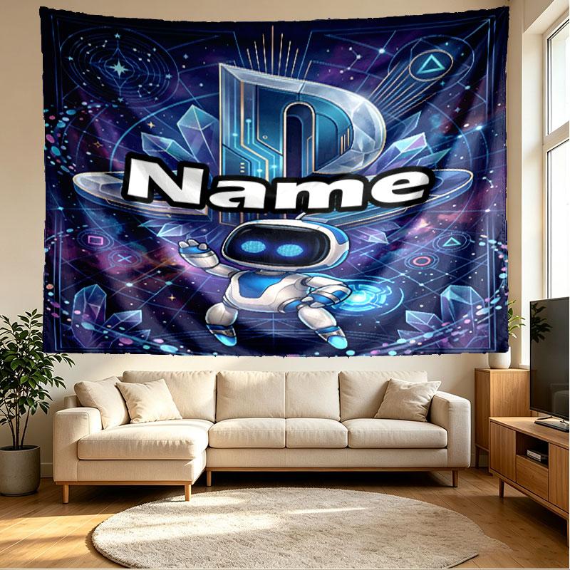 Custom Name Personalized Cosmic Bot Crew Print Tapestry, Wall Art Decor, Bedroom, Dorm, Apartment, LivingRoom, Party Backdrop, Gift for Birthday