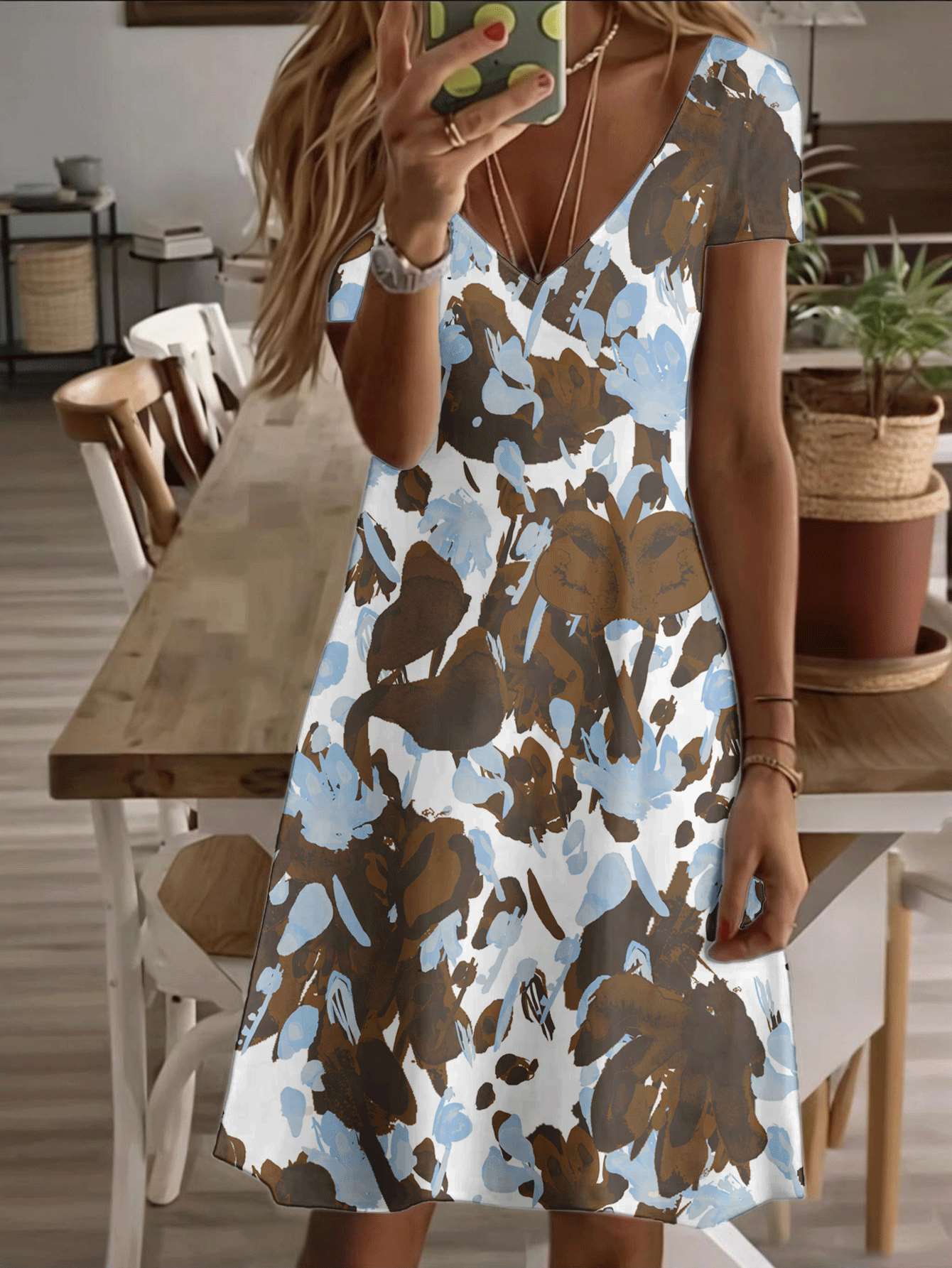 Vneck shortsleeve midi dress blue and brown abstract floral print pattern 3D premium printing durable casual fashion elegant summer outfit comfortable 4XL дубильная кора