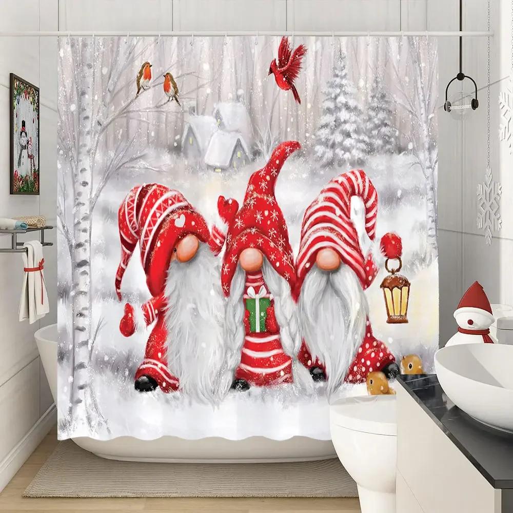 GAEChristmas Gift Theme Shower Curtains Snowman Christmas Tree Mascot Ball Happy New Year Washable Home Bath Curtain Bathroom