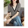 Women's Summer Black White Stripe Fake Two Piece V Neck Short Top