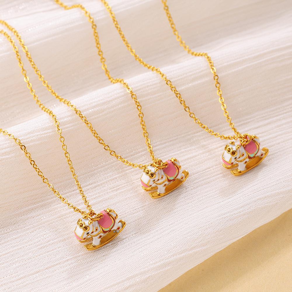 2026 New Women's European American Animal Style Cartoon Macaron Color Cute Stainless Steel Rocking Horse Pendant Necklace Bamboo