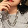 Vintage Shijia Platinum Grey Artificial Crystal Pearl Double Layer Multi-Wear Clavicle Chain Necklace Women'S Necklace