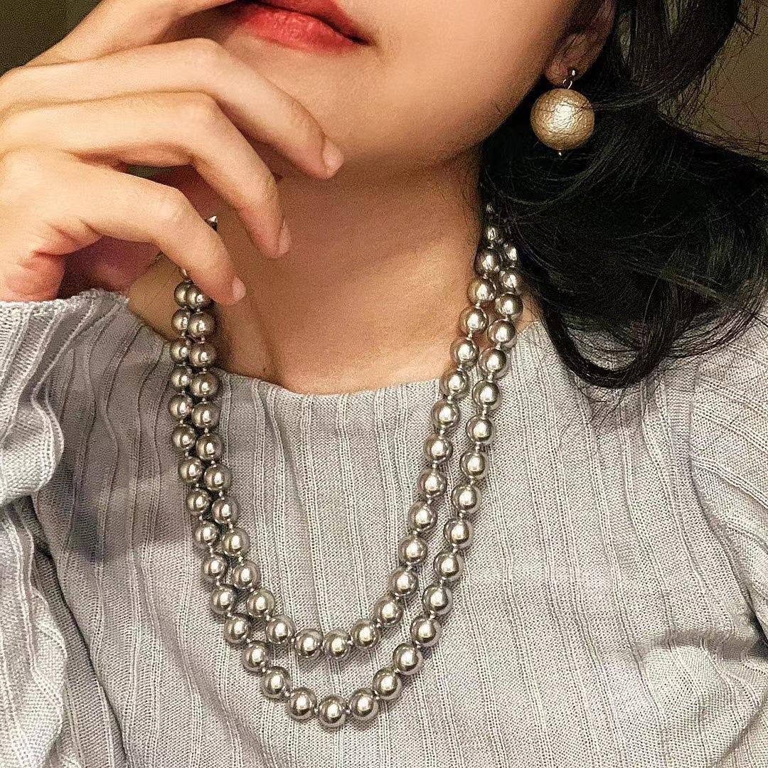 

Vintage Shijia Platinum Grey Artificial Crystal Pearl Double Layer Multi-Wear Clavicle Chain Necklace Women S Necklace