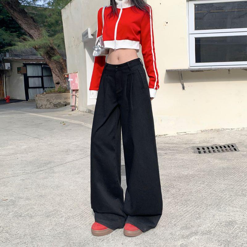 

White Wide Leg Denim Female 2025 Early Spring High Waist Slimming Sense of Design Ruched Loose Drooping Straight Mopping Pants Black pants S