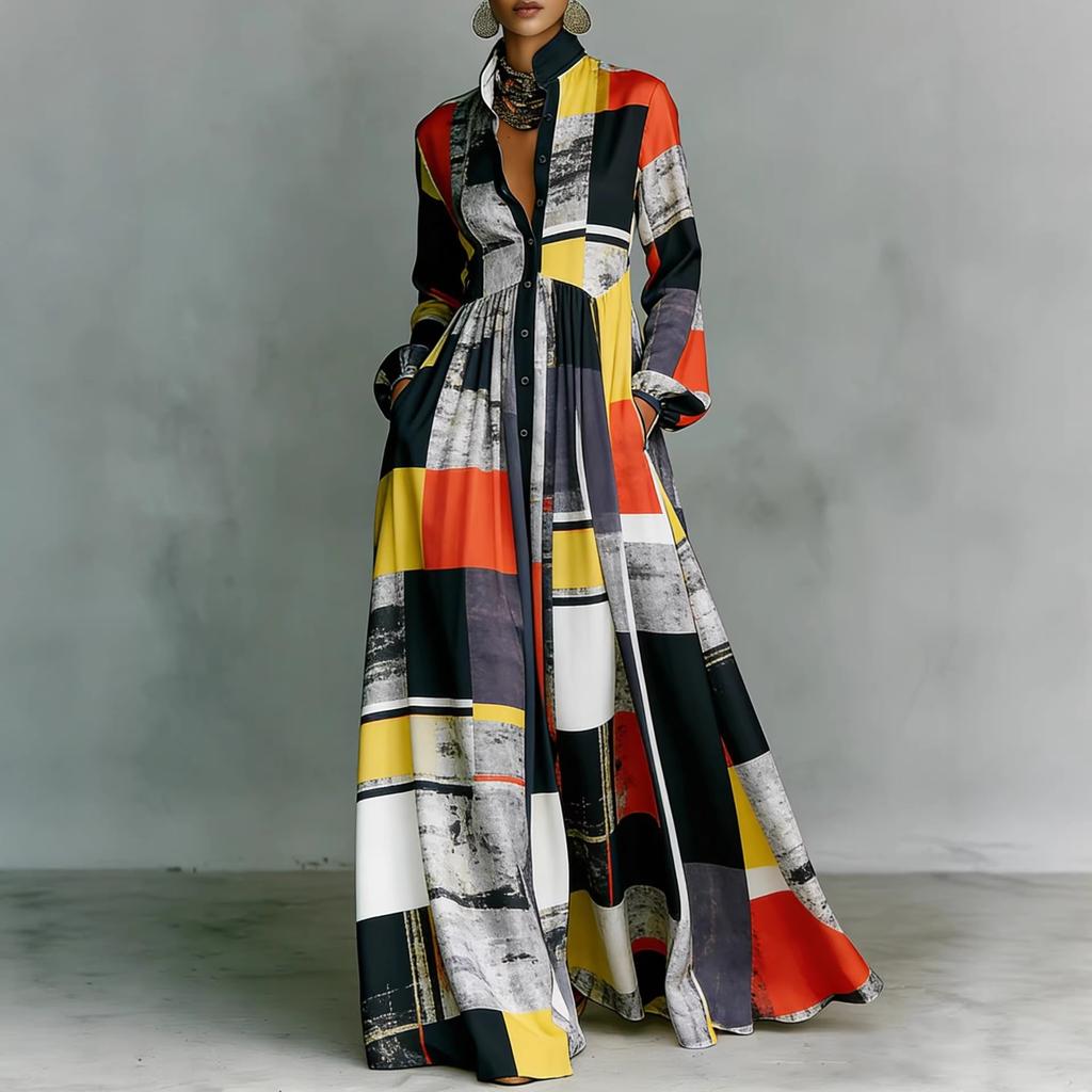 Women's Floral Print Maxi Shirt Dress Long Sleeve Button Front Casual Flowy Dress