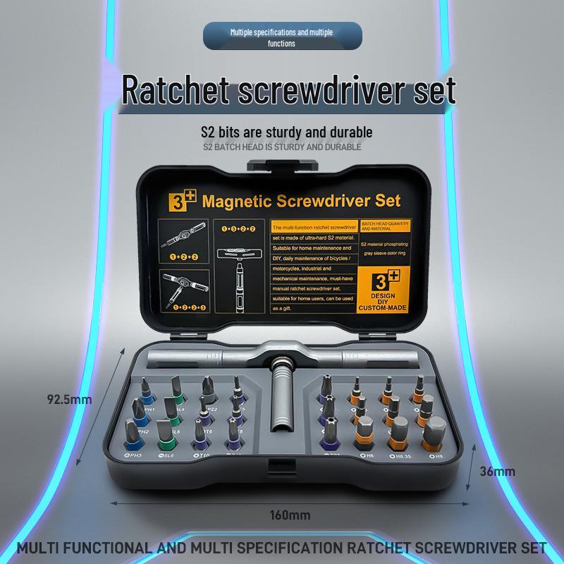 Reversible Ratchet Screwdriver with Hexagon, Torx, Phillips & Slotted Bits