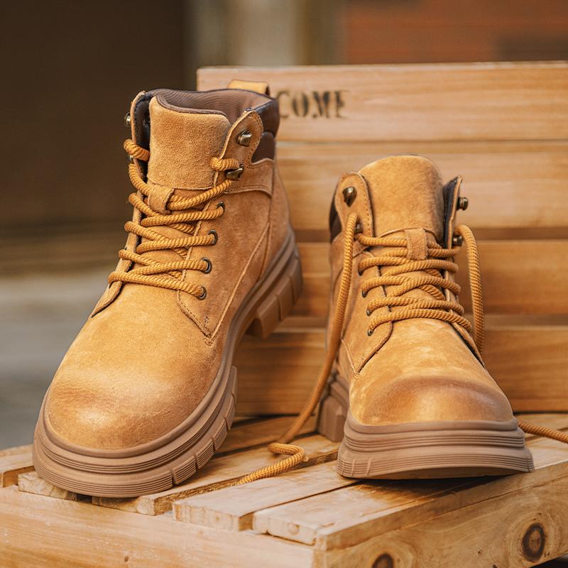 Leisure Walk High Top Shoes Suede Leather Ankle Boots Non-Slip Lace-Up Mens Motorcycle Boots Classic Wear-Resistant Hiking Botas