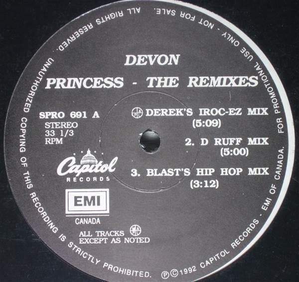 

12inch Record DEVON Princess The Remixes SPRO691 Capitol Records 1992 Canada Rap HipHopRB Used