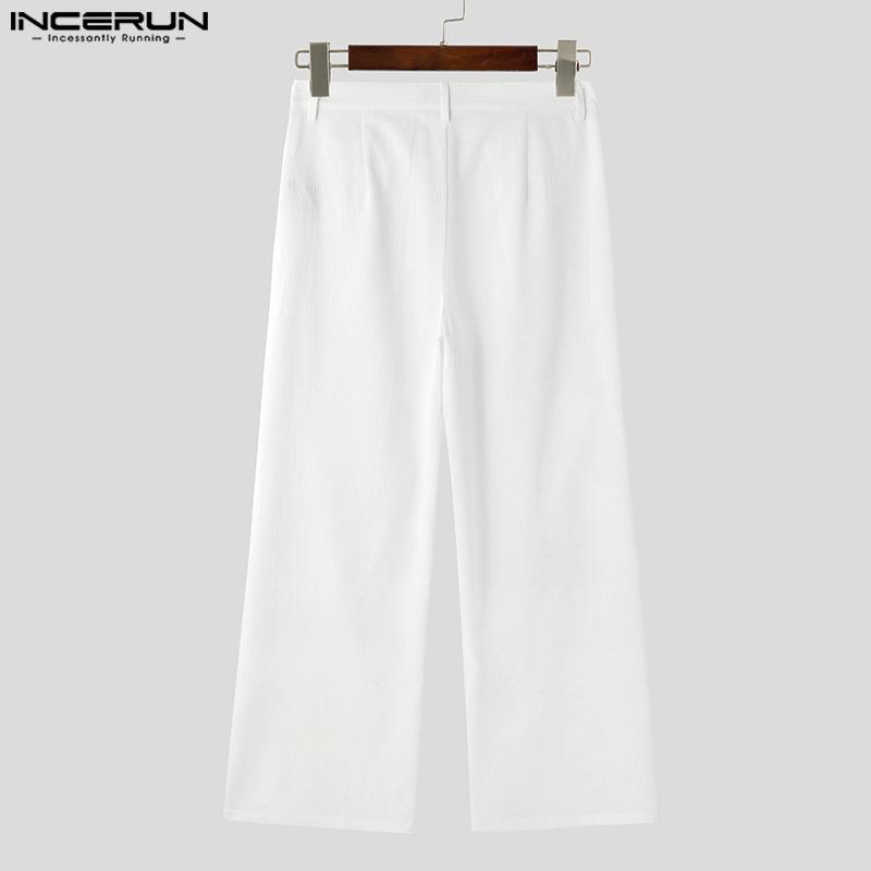INCERUN Men Spring Zipper Up High Waist Texture Trousers Casual Button Straight Pants
