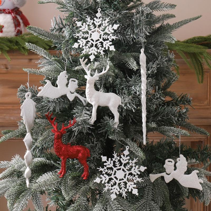 Weiße glitzernde Schneeflocken Weihnachtsdekoration Weihnachtsbaumhänger Elch-Ornamente Neujahrsgeschenke 2025 Party Heim Zimmer Statue Dekor