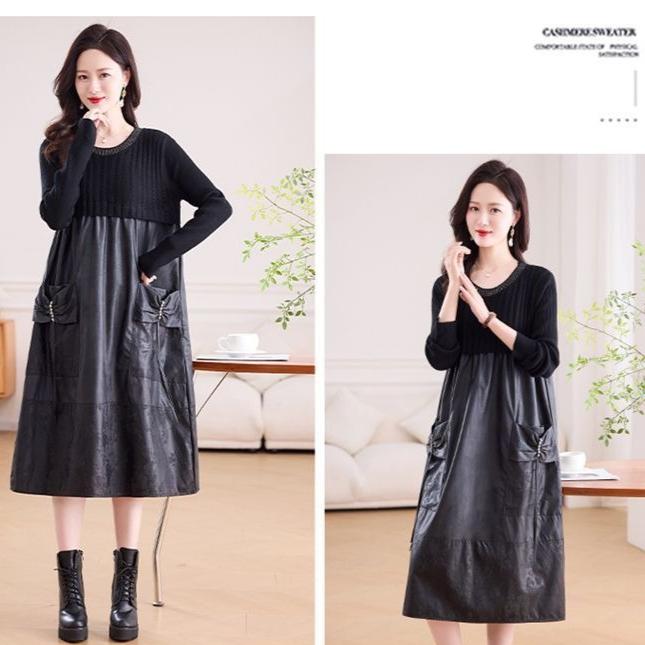 Women's long Sweater Dress Knitted Patchwork PU Leather A-Line Dress Plus Size Knitted Dress for Autumn and Winter ...