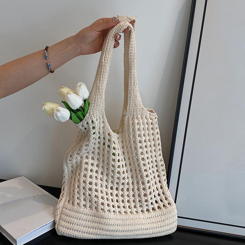 New Trend Women's Bag Crochet Handbag Retro Knitted Solid Color Hollow Top-handle Tote Bag Travel Shopper Shoulder Bag