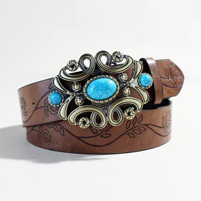 Bohemian Court Style Retro Ethnic Imitation Turquoise Black Decorative Belt Rose Pattern Embossed Wide Belt Female