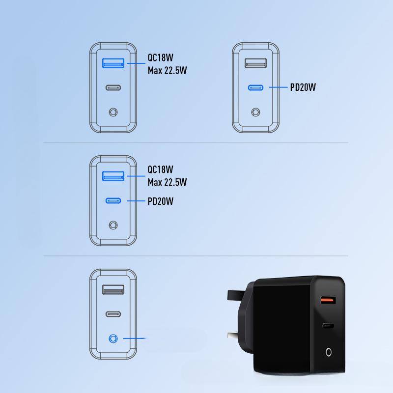 

Зарядное устройство 40 Вт British GaN1C1A с несколькими протоколами PD20 Вт+QC3.0, двухпортовое, PPS, независимая интеллектуальная быстрая зарядка XYY-42.5W-CA-UKCA
