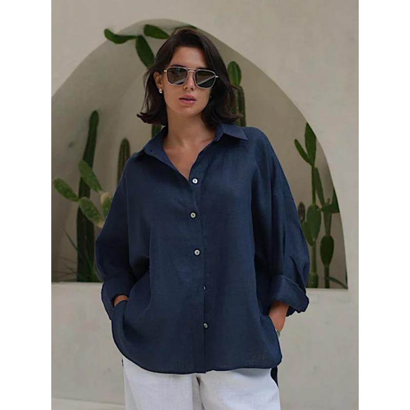 Loose Fit Long Sleeve Solid Color Casual Shirt For Women