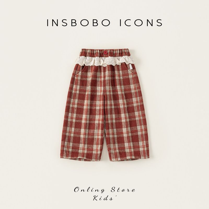 Insbobo Girls  Pants 2026 Spring New Children s Plaid Casual Pants Baby Long Pants Spring and Autumn Children s Fashion Red Grid 100