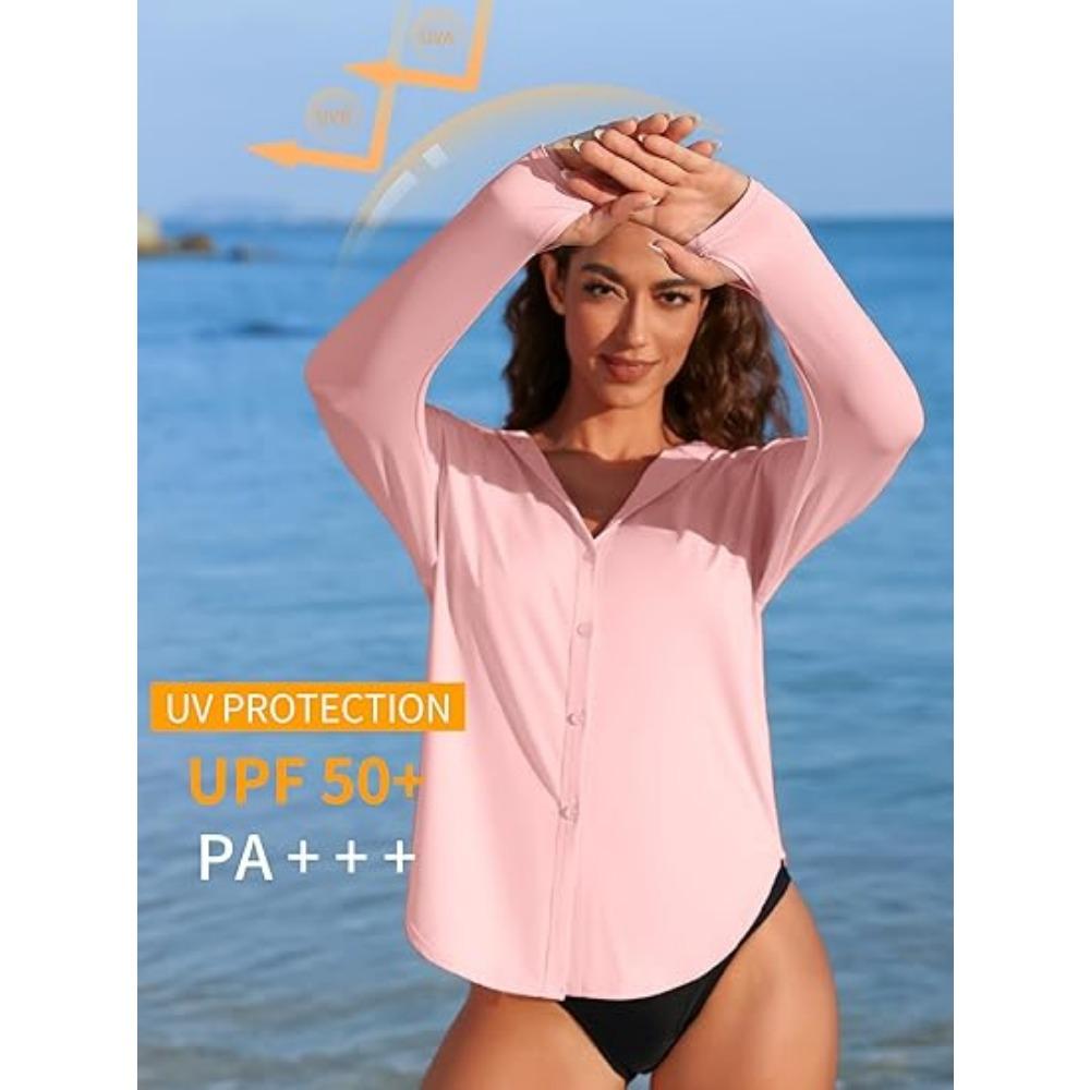 CHARMLEAKS Women Rash Guard UPF 50+ Sun Protection Clothing Button Down SPF Hoodie Beach Shirts