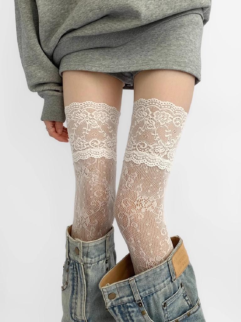 Spring And Summer Sweet Sister Japanese Jk White Knee Stockings Lace Socks Lace Lace Sexy Hollow Ultra-Thin Japanese