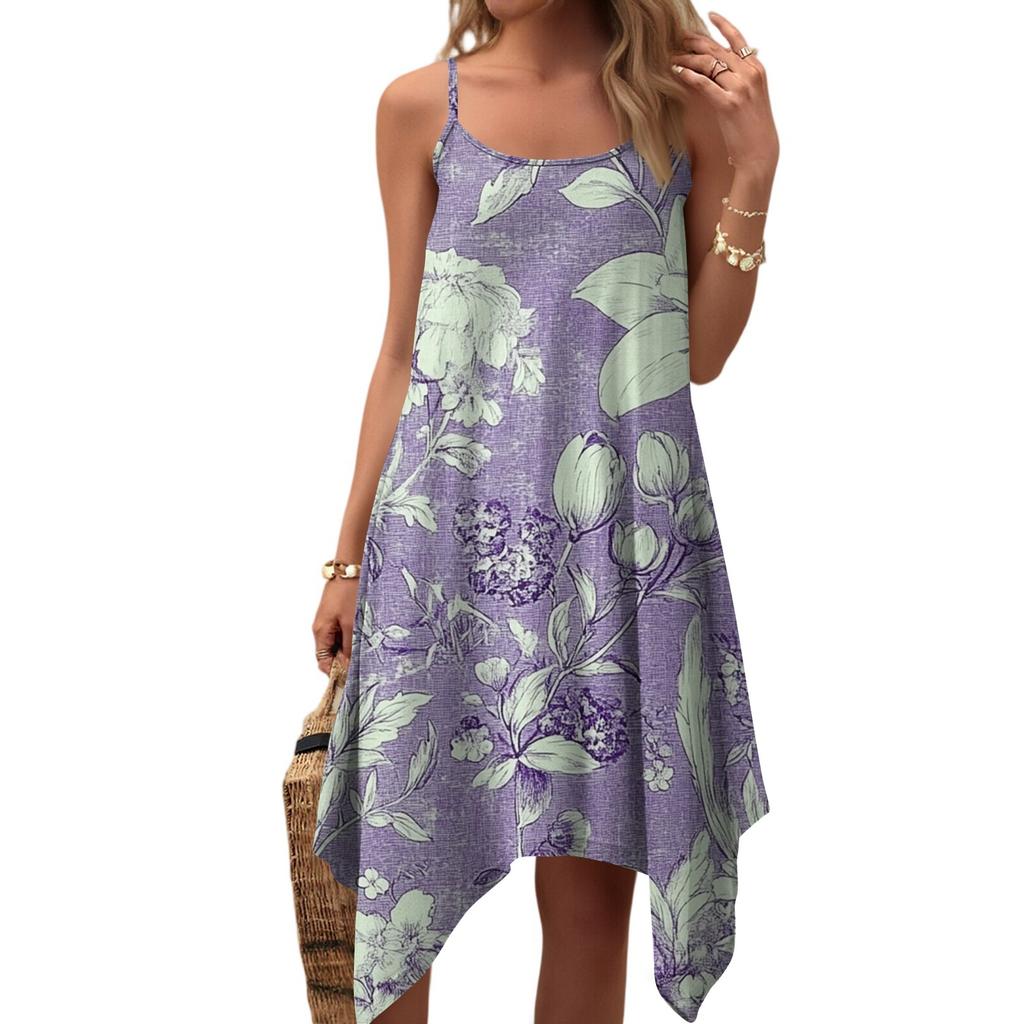 Women's Summer Casual Vintage Floral Print Round Neck Adjustable Suspender Dress With Pockets