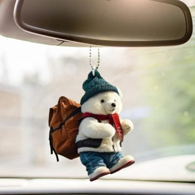 Cute Bear Rearview Mirror Pendant Stylish Backpack Bear Design Lifelike White Bear Ornament