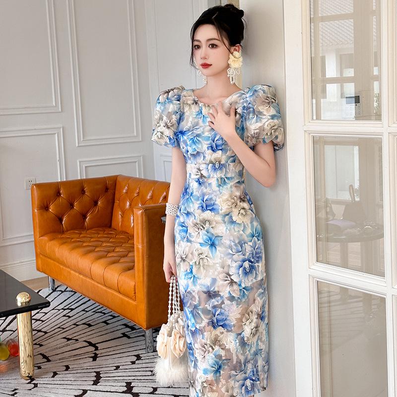 Women s Elegant Blue Floral Puff Sleeve Dress - Summer 2026 Collection Large светло-синий