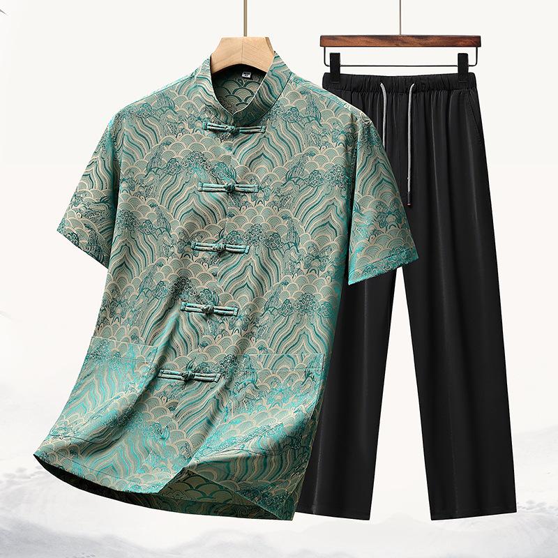 High-Quality New Style Tang Suit: Summer Silk Attire for Middle-Aged and Elderly Men
