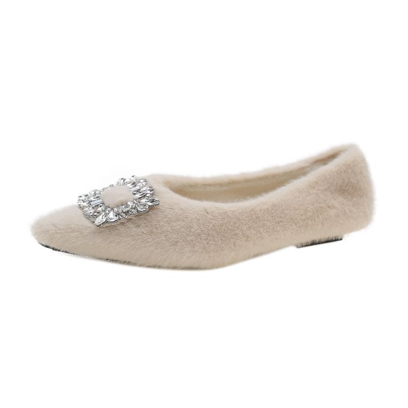 Low-heeled Diamond Furry Shoes for Women, New Winter Fashion Pointed Toe Shoes Warm Shallow-mouthed Women's Shoes