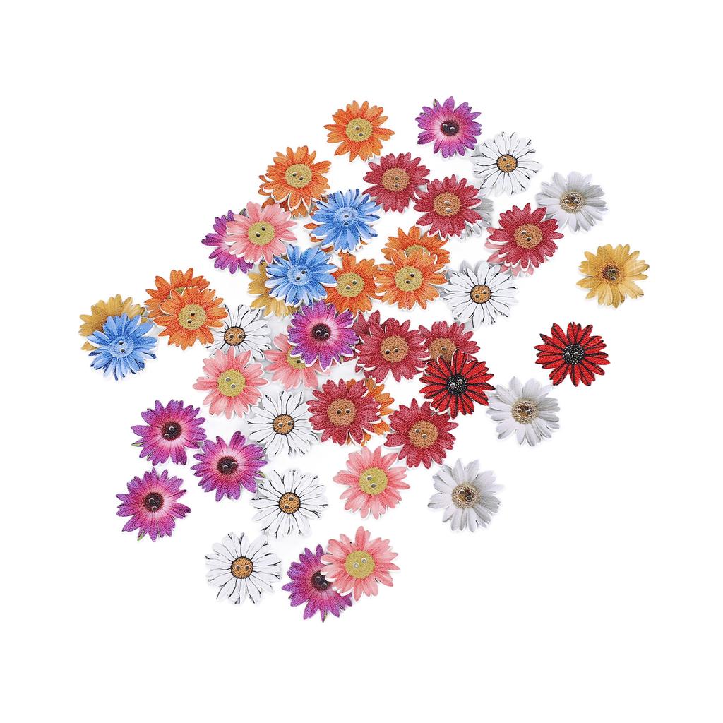 50 Stück Holz-Chrysanthemen-Knöpfe mit 2 Löchern Flache DIY Handarbeit Niedliche Blumenknöpfe für Foto